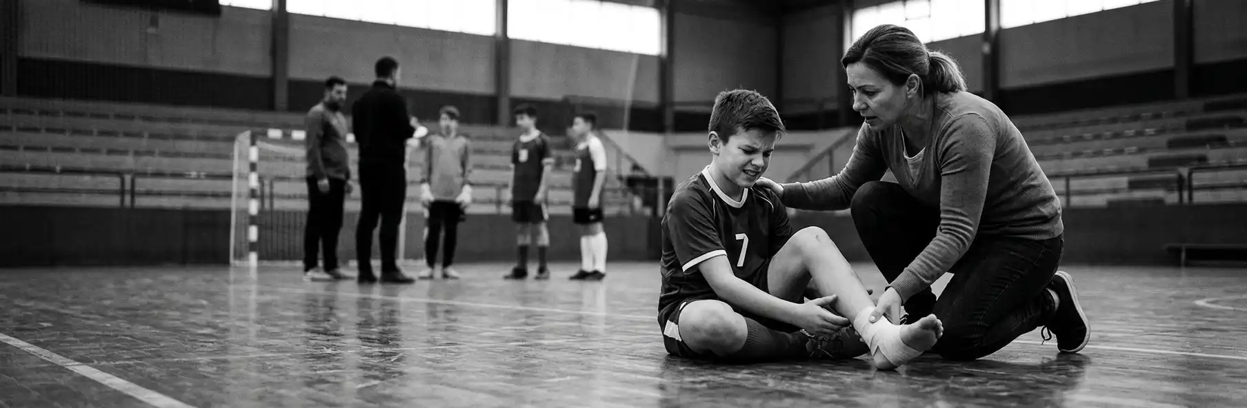 Young futsal player receiving ankle treatment on court