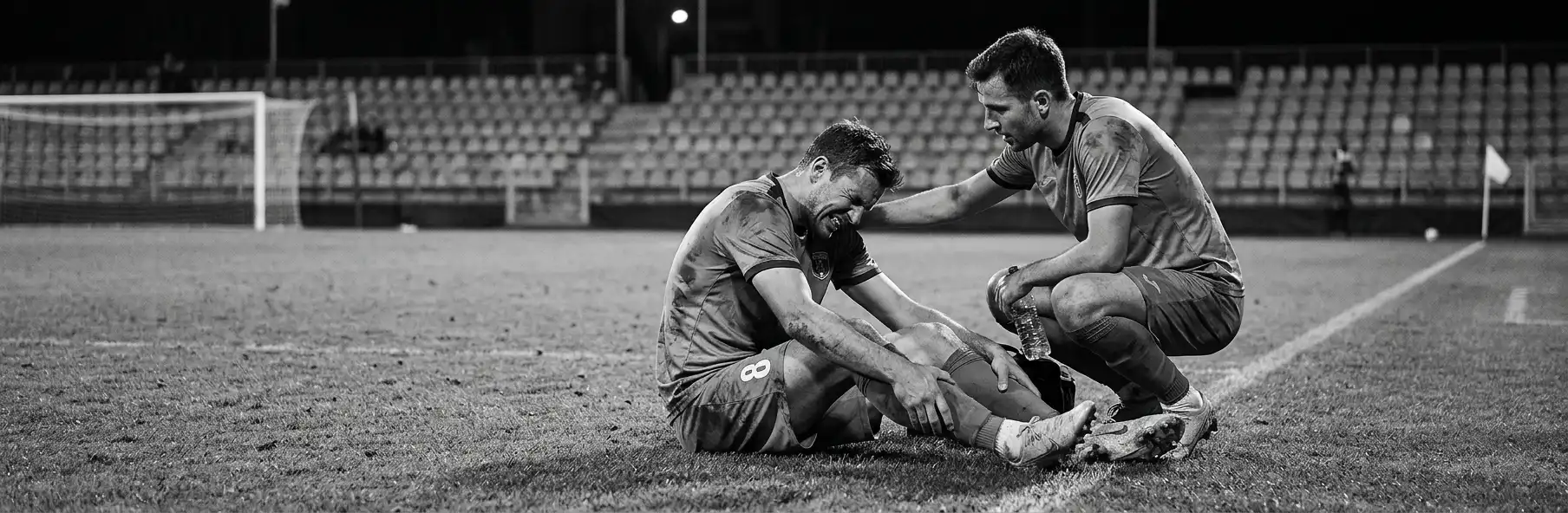 Footballer lying on the pitch clutching his calf with cramp