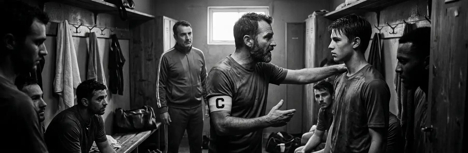 Team captain talking to the squad in the dressing room before a match