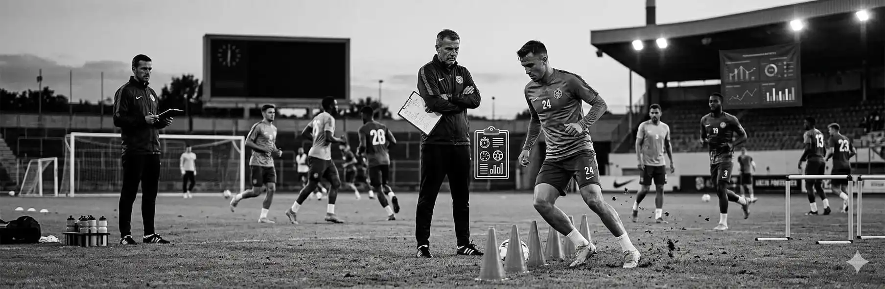Football coach observing and evaluating players during a pre-season training session