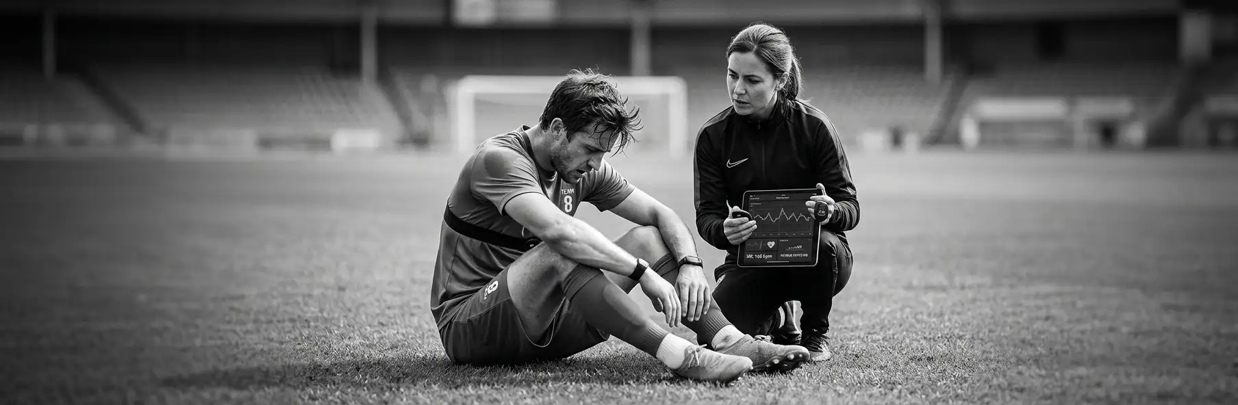 Football coach assessing fatigue signs in a player