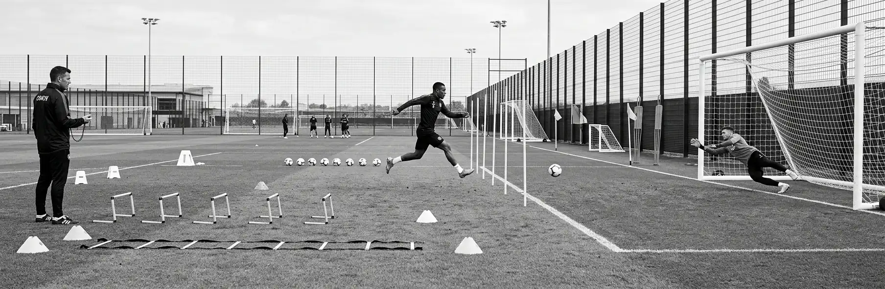 Football players practising finishing and shooting drills