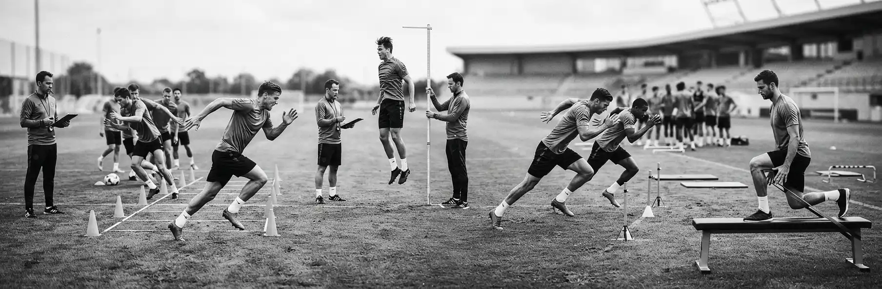 Football players performing a fitness test on the pitch on the first day of pre-season
