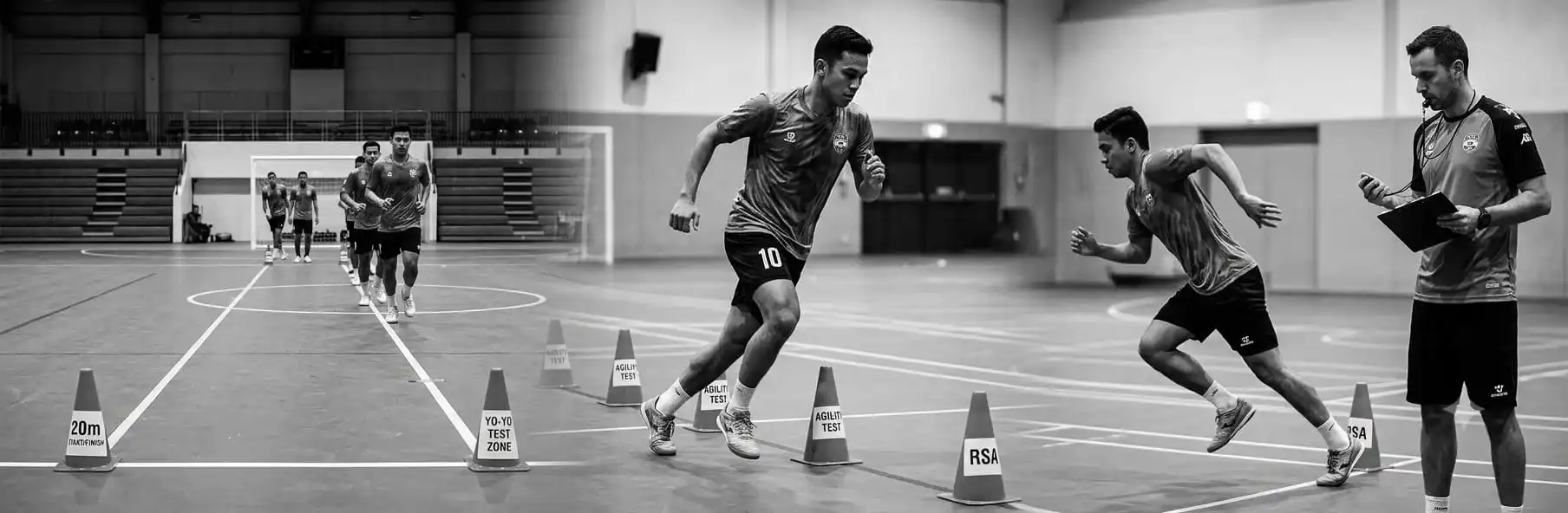 Futsal players performing a fitness test on court