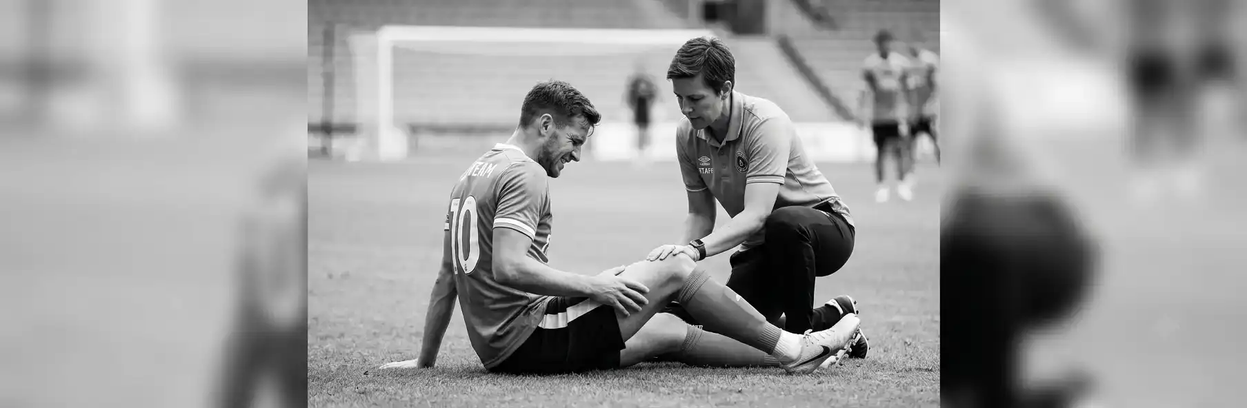 Physiotherapist assessing a football player for a muscle complaint in the early season