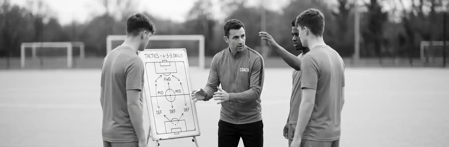 Football manager setting up a tactical training drill on the pitch during pre-season