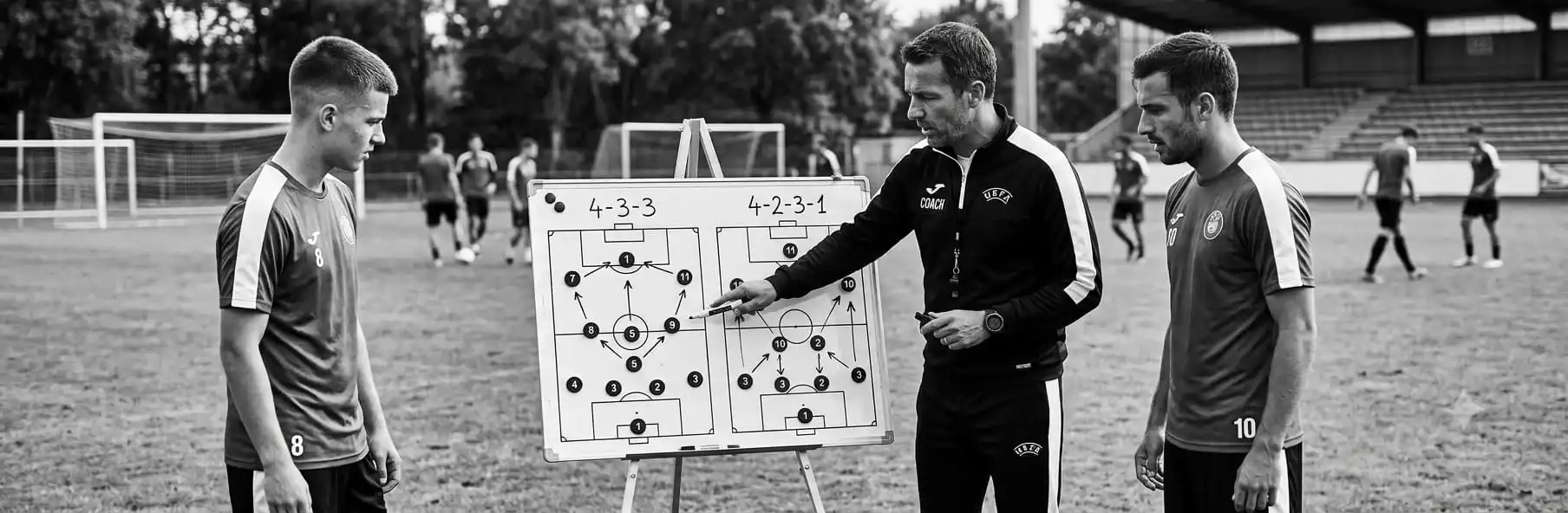 Tactics board showing 4-3-3 and 4-2-3-1 formations in football