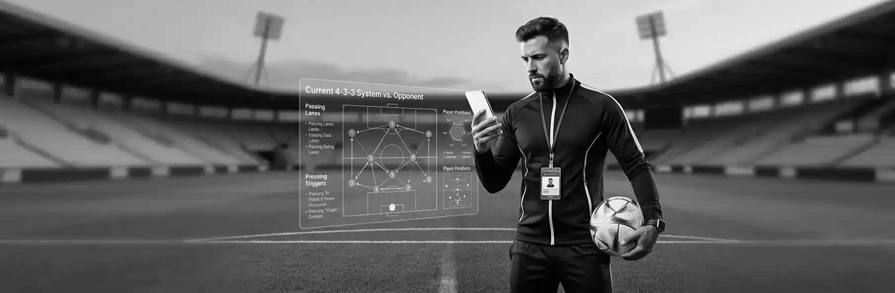 Football manager analysing a tactics board on the touchline during the early season