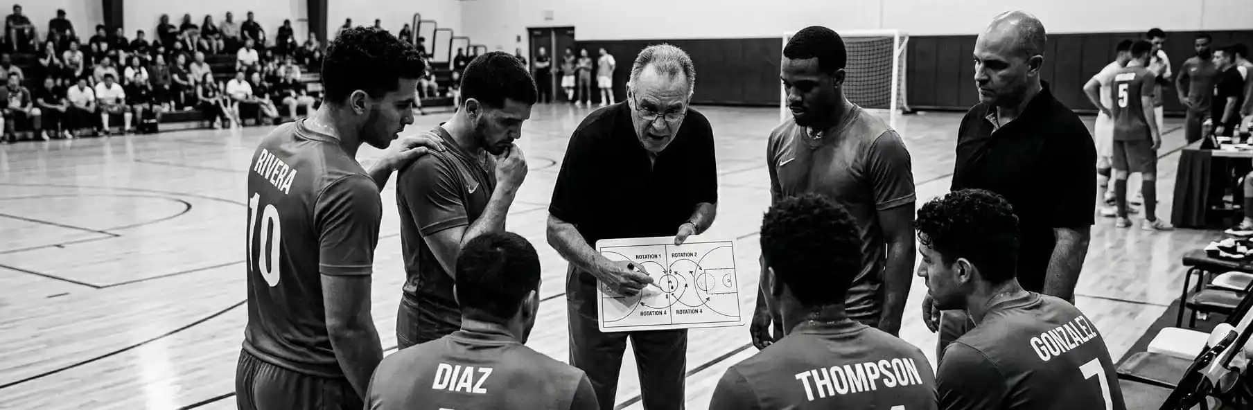Futsal coach managing quartet rotations from the bench with a game-time sheet