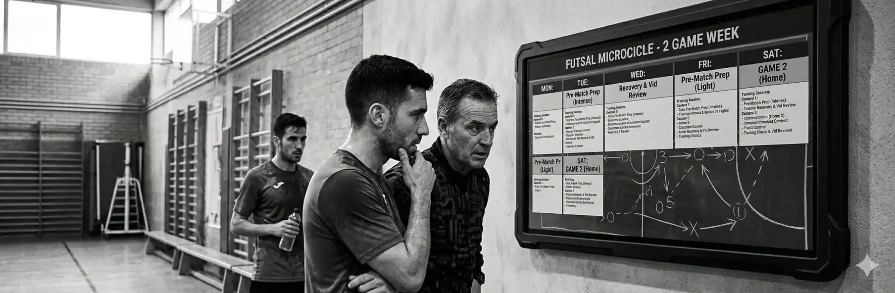 Futsal coach planning the weekly microcycle on a whiteboard with two fixtures marked