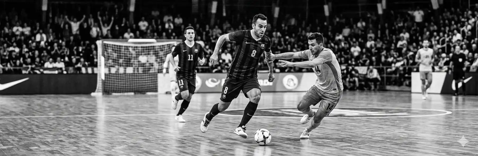 Futsal players in fast attacking transition with frame analysis displayed on screen