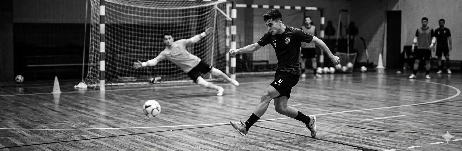 Futsal player executing a finishing drill on an indoor court