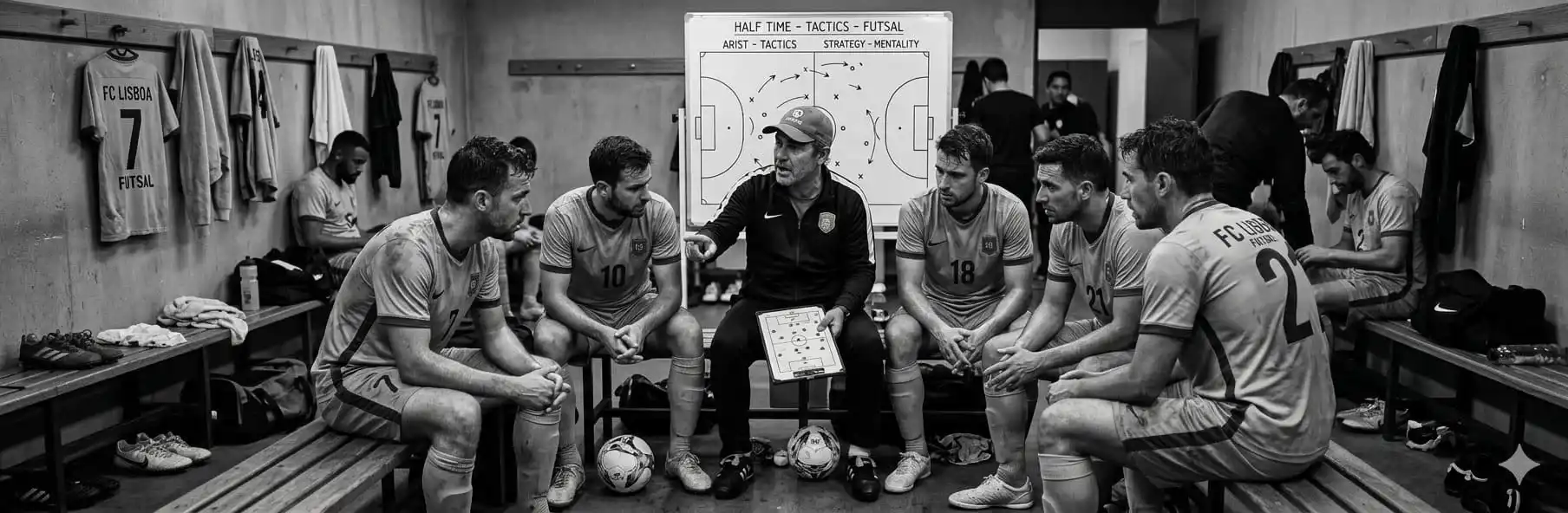 Futsal coach giving instructions to players during the halftime interval
