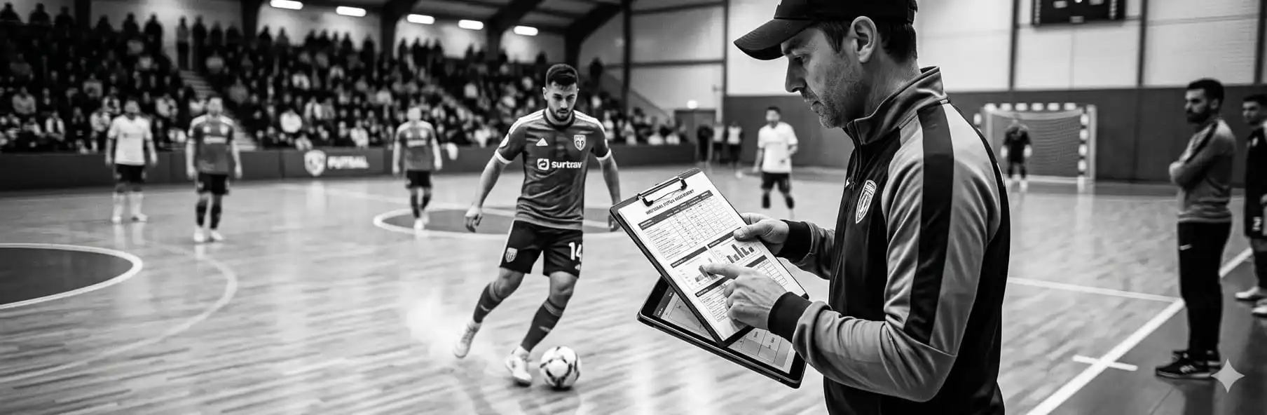 Futsal coach filling in an individual player assessment card with technical and tactical data