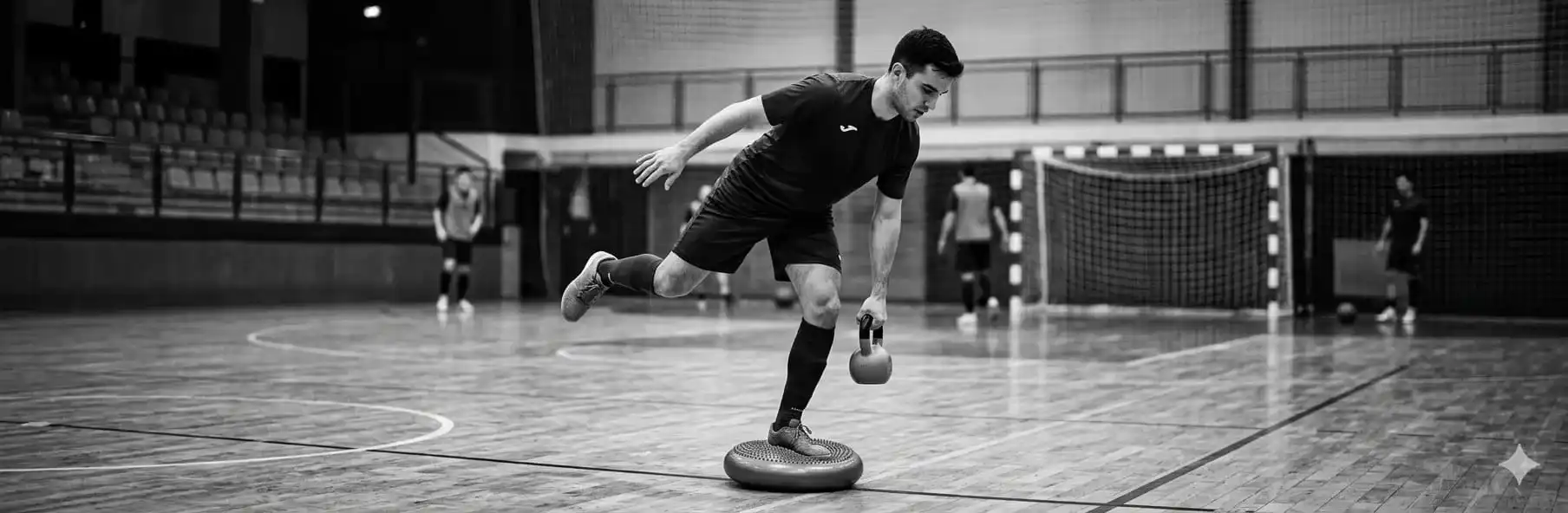Futsal player performing proprioception exercises for injury prevention