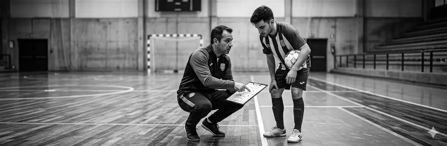 Futsal coach analysing libero positioning errors using tactical video on a tablet