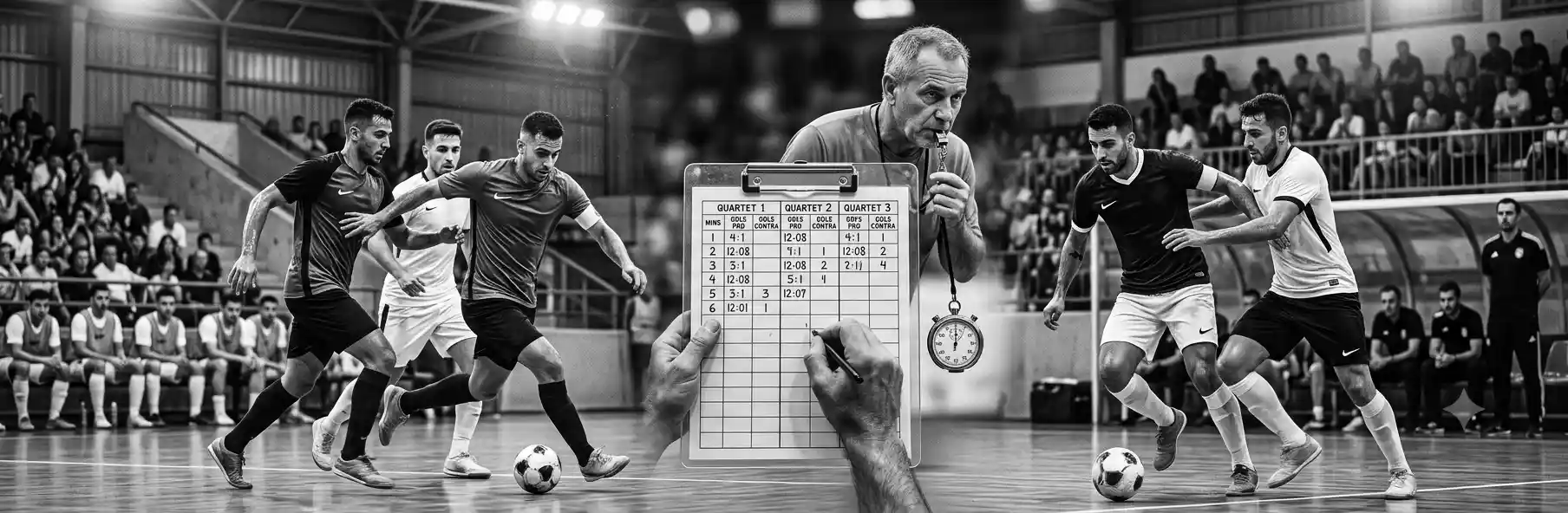 Futsal coach analysing rotation statistics on a tablet