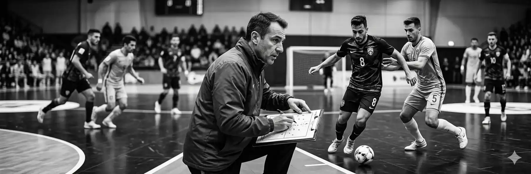 Futsal coach taking scouting notes while watching an opposition match