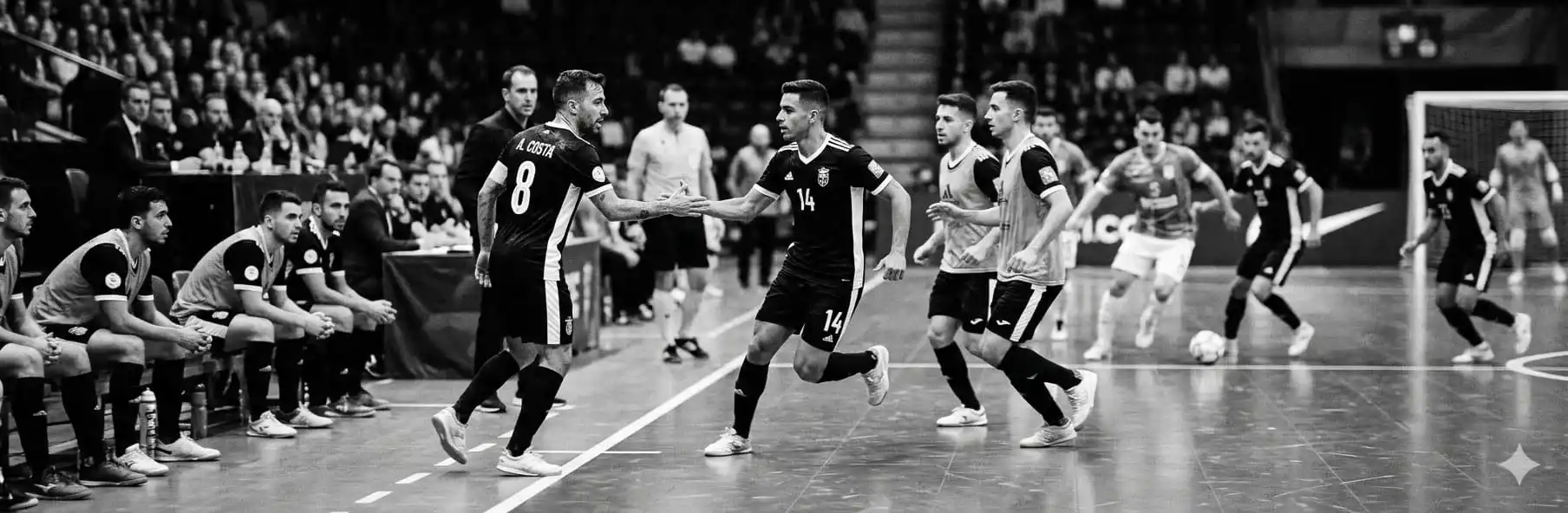 Futsal coach managing substitutions from the bench during a match