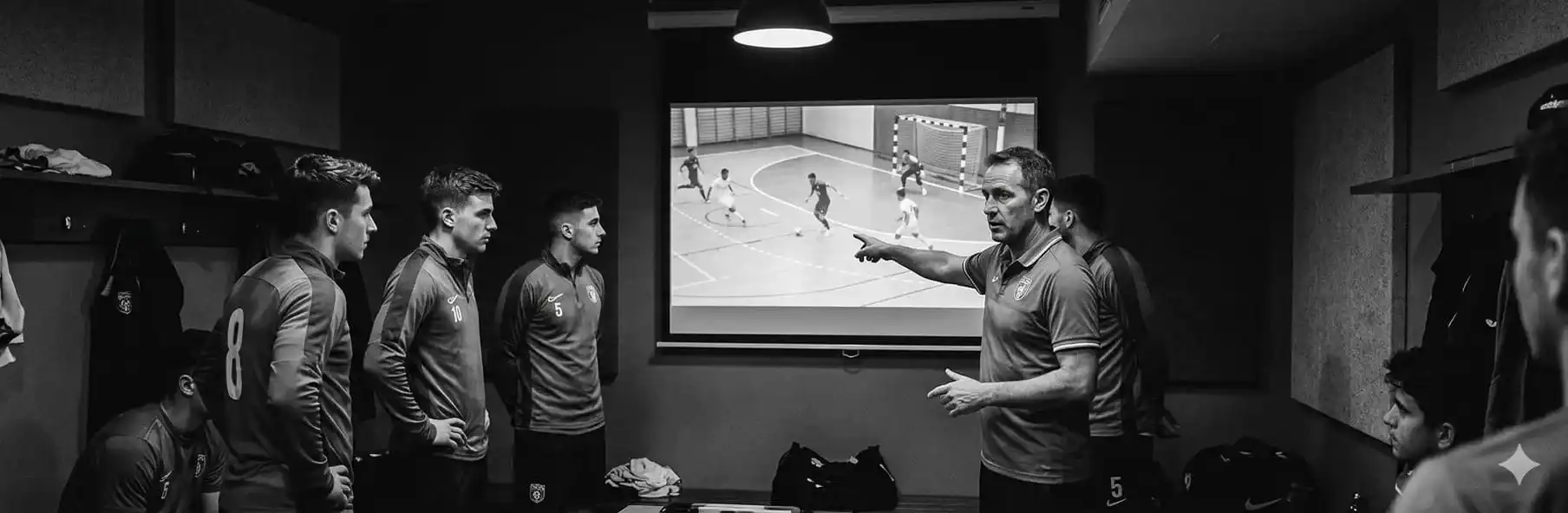 Futsal coach reviewing match footage clips on a tablet for Monday's video session