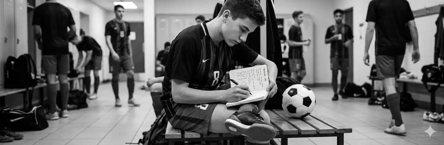 Young futsal player writing in their training diary after a youth development session