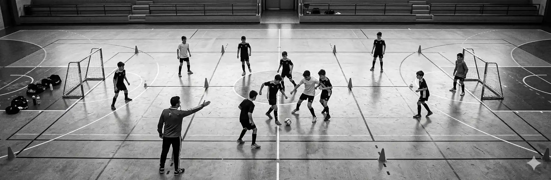 Youth futsal coach organising training stations in a sports hall divided into zones
