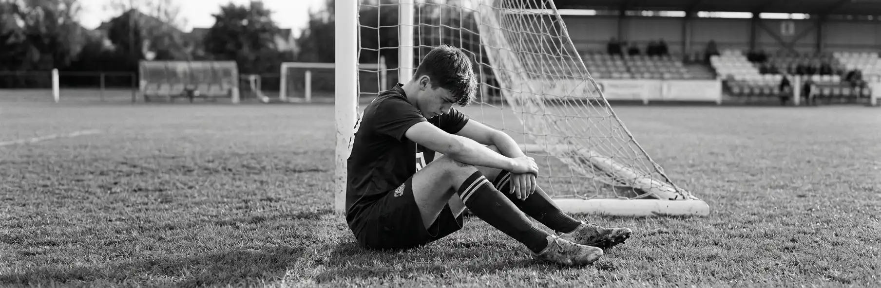 Young football striker with his head down after missing a chance