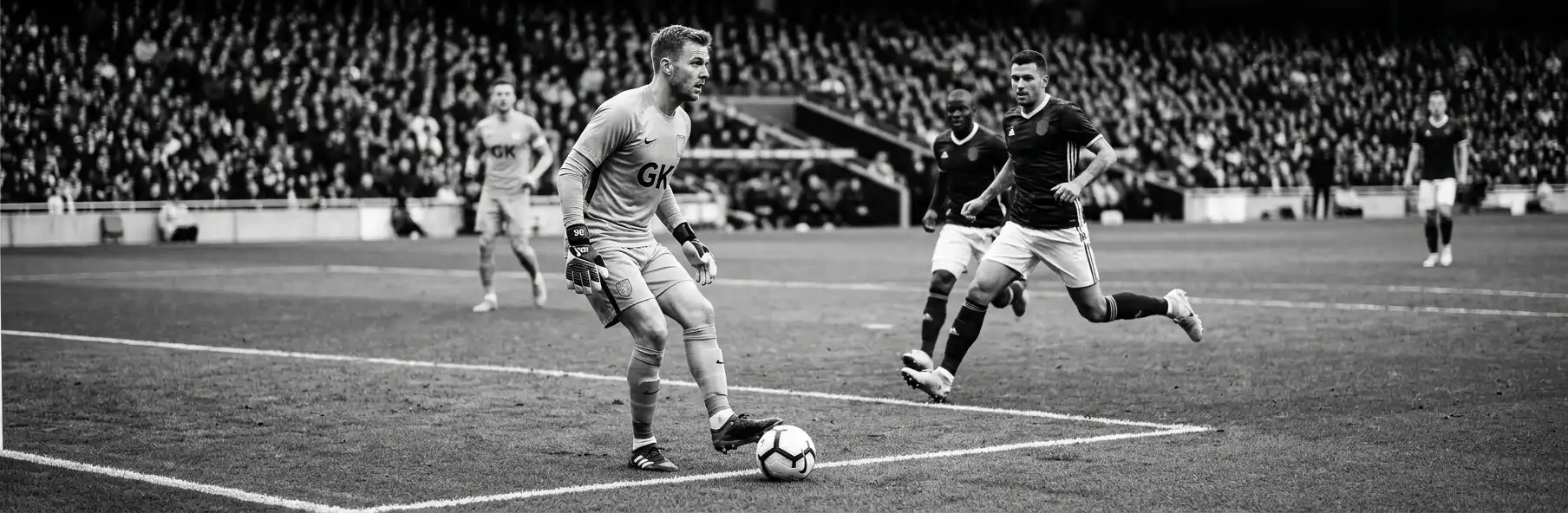 Goalkeeper deciding his distribution under pressure from an opponent