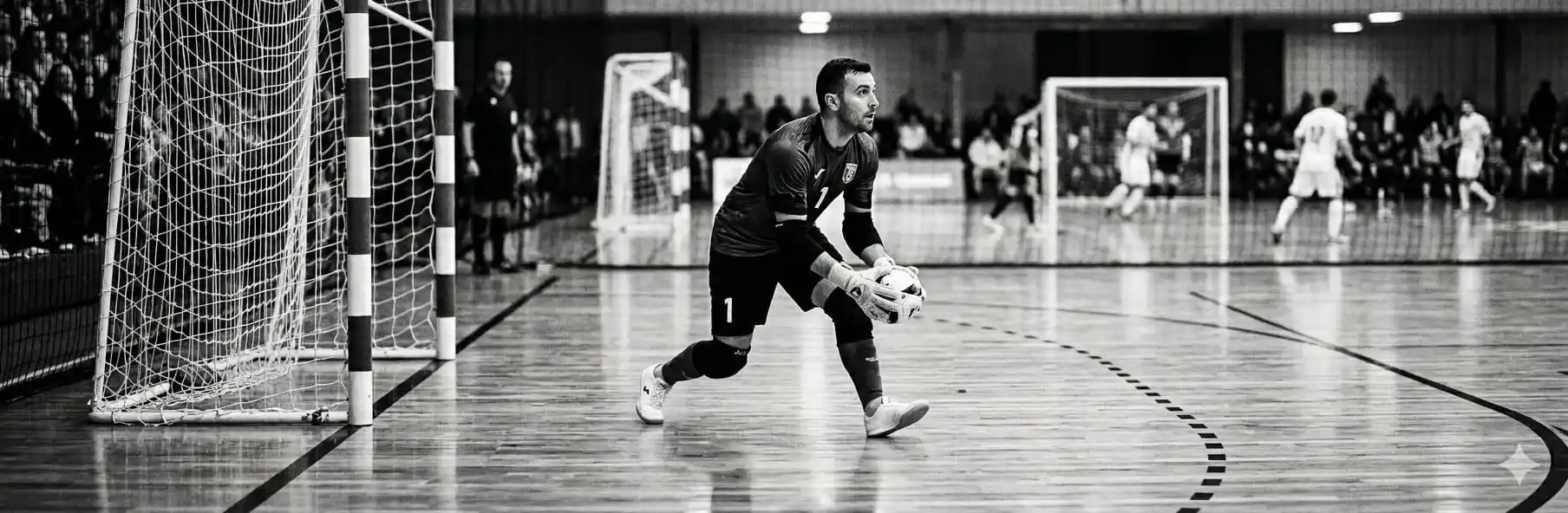 Futsal goalkeeper making a save in a match, with statistical analysis overlay