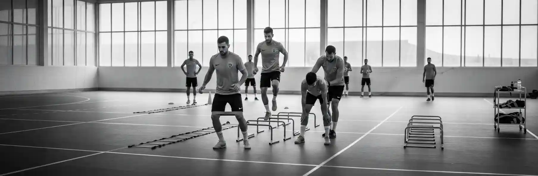 Futsal players doing injury-prevention exercises on court