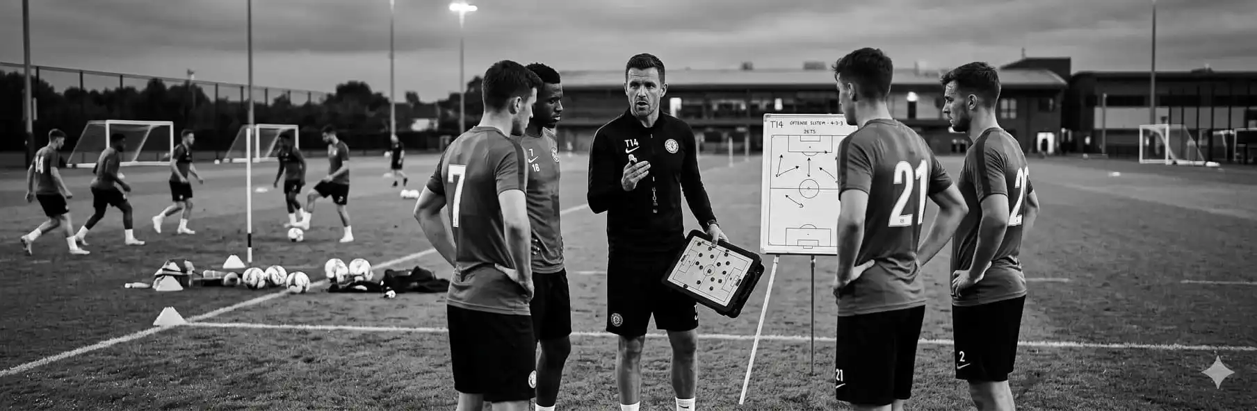Football coach demonstrating tactical system on tactical board