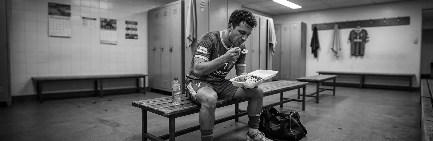 Futsal player eating a simple meal at home late at night with his kit bag beside him