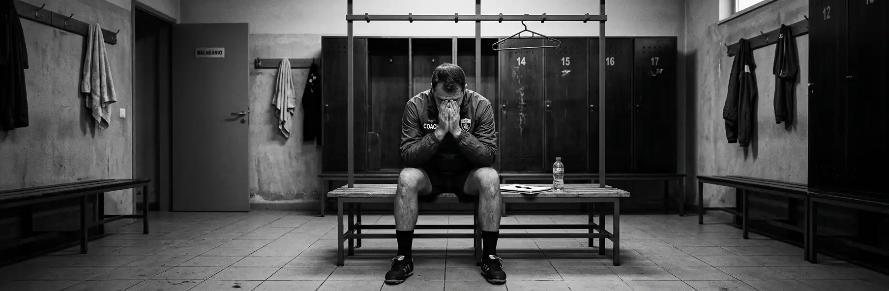 Football dressing room at half-time with players sitting in silence and the manager standing by the tactics board