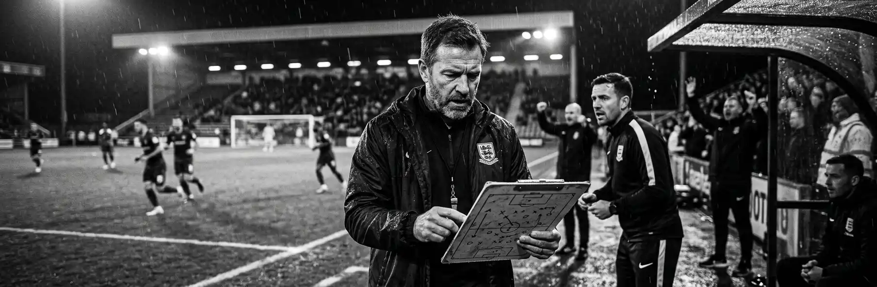 Football manager talking to the squad during a run of poor results