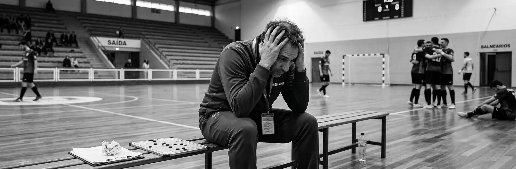 Empty futsal sports hall after the match, with the coach sitting alone on the bench