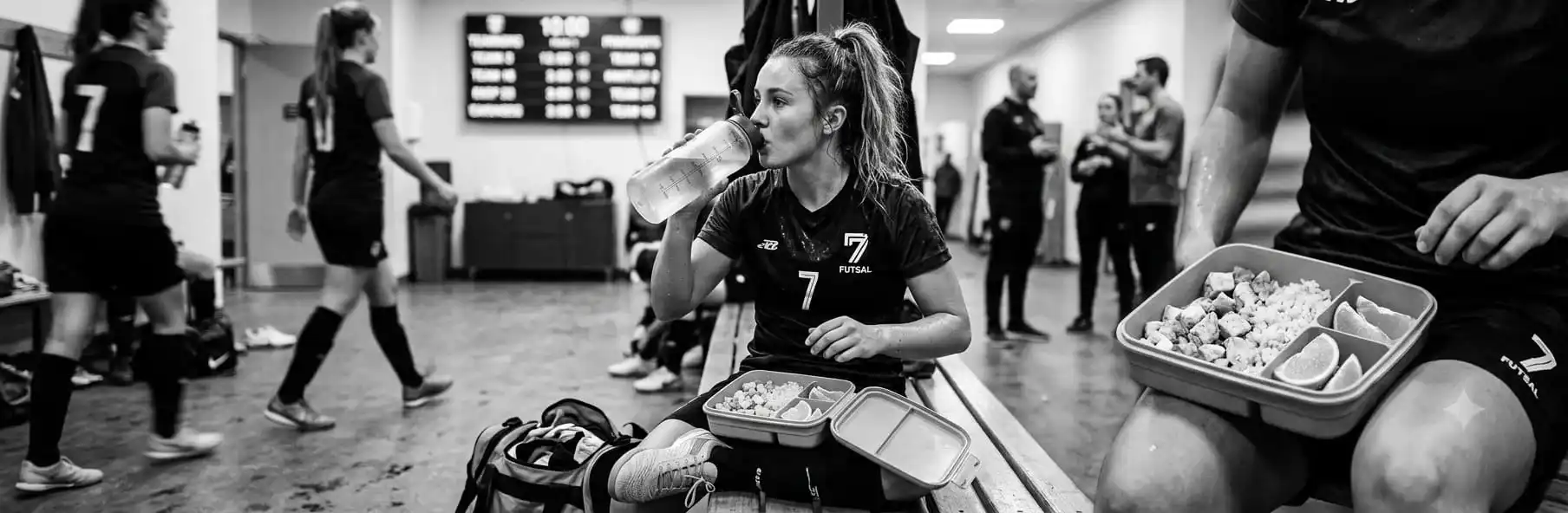Futsal players eating between matches at a tournament
