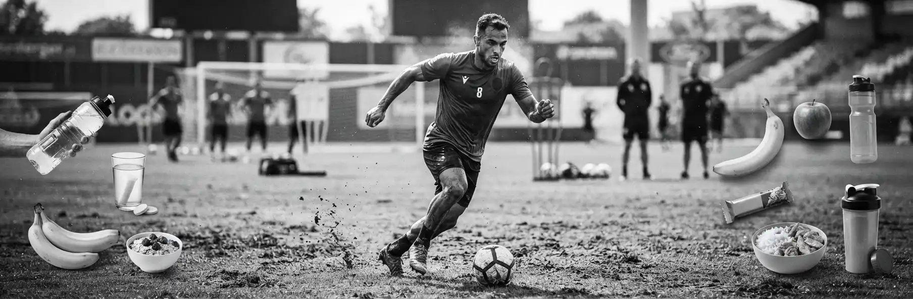 Football player hydrating between two training sessions during pre-season