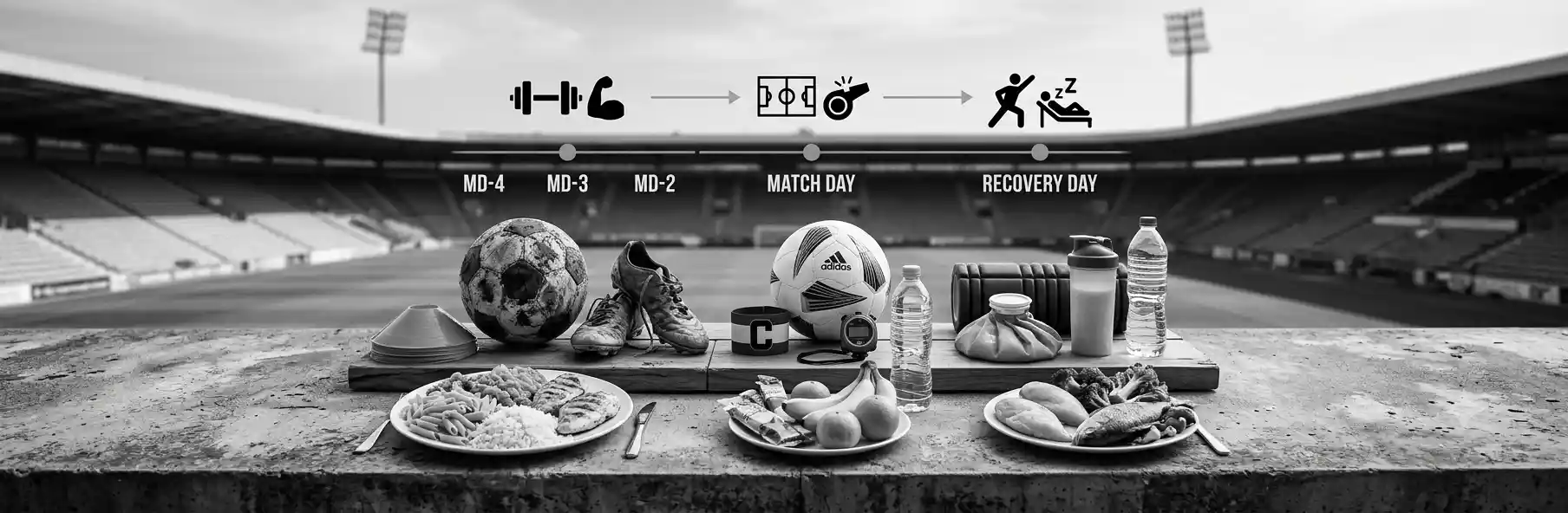 Balanced footballer's meal with carbohydrates, protein and vegetables