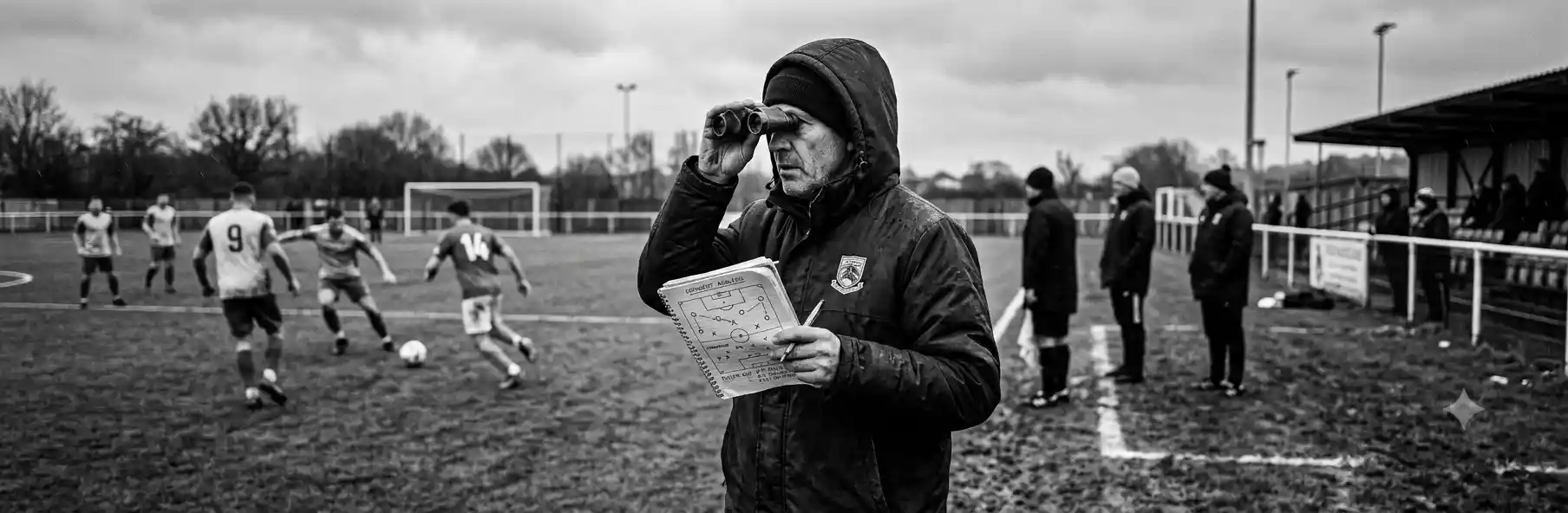 Coach taking notes in a notebook while watching a football match