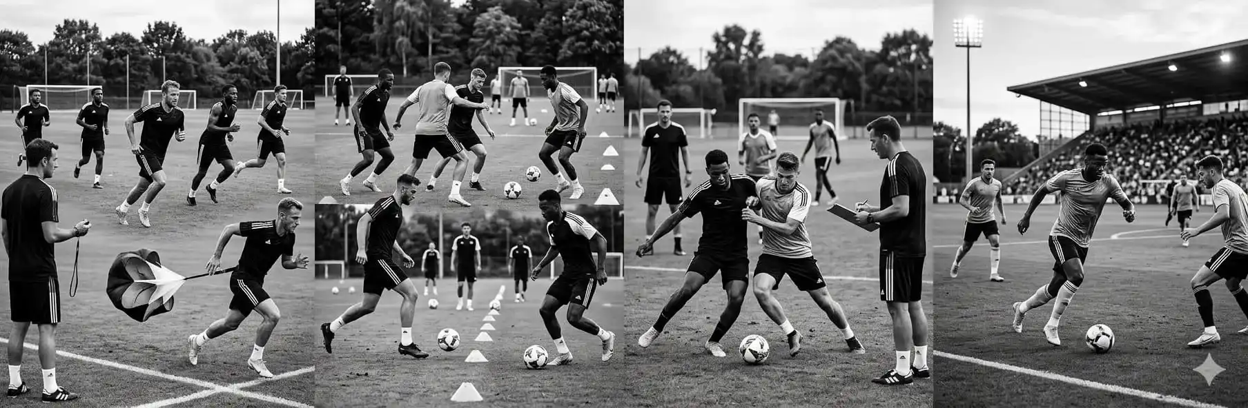 Football players in pre-season training with cones and balls