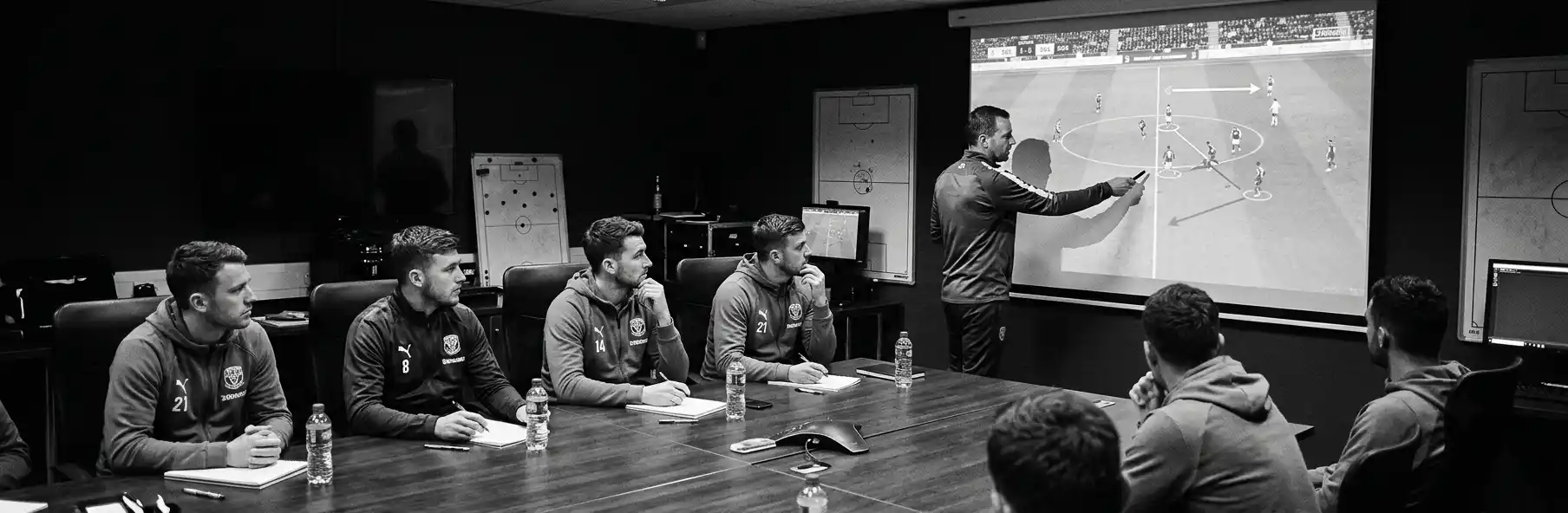 Football squad watching a post-match video analysis session on Monday