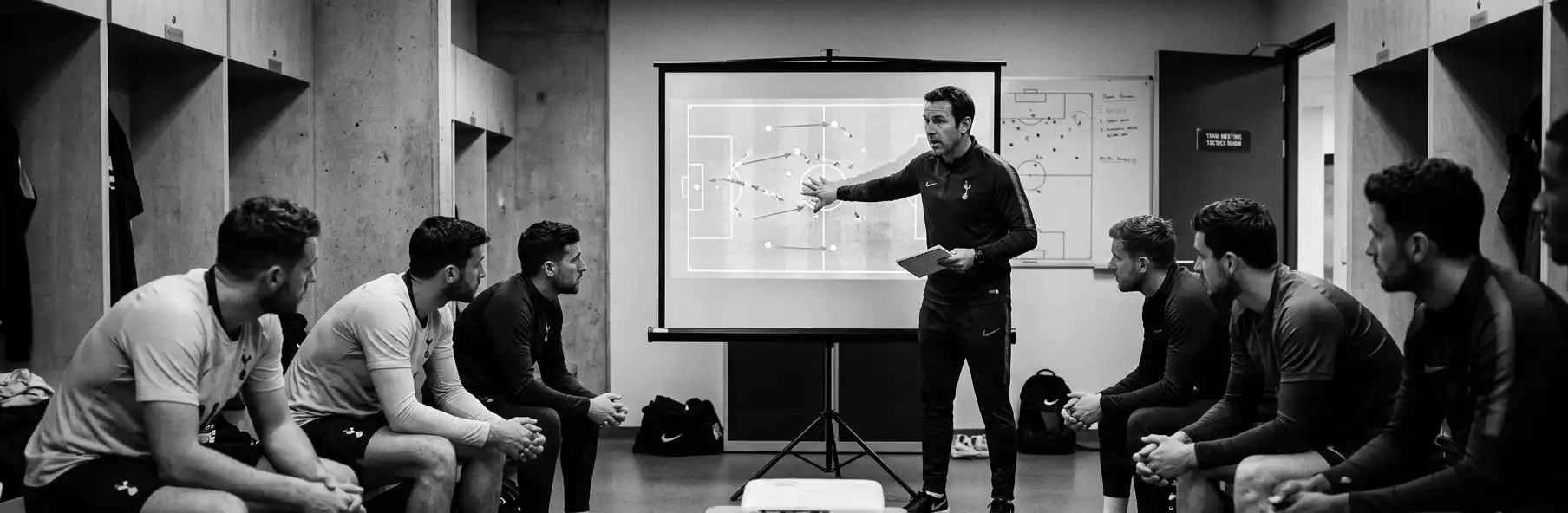 Football manager showing video clips to the squad before the match