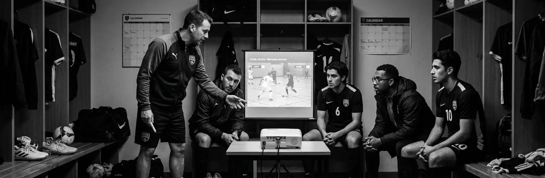 Futsal coach showing video clips to the team before the match