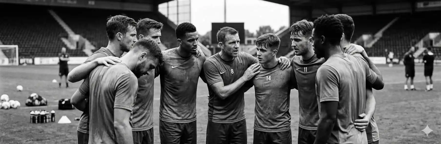Football team gathered in a circle during a pre-season training session