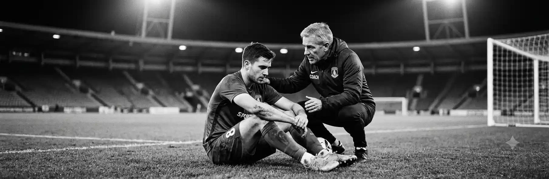 Football manager talking one-to-one with a dejected player