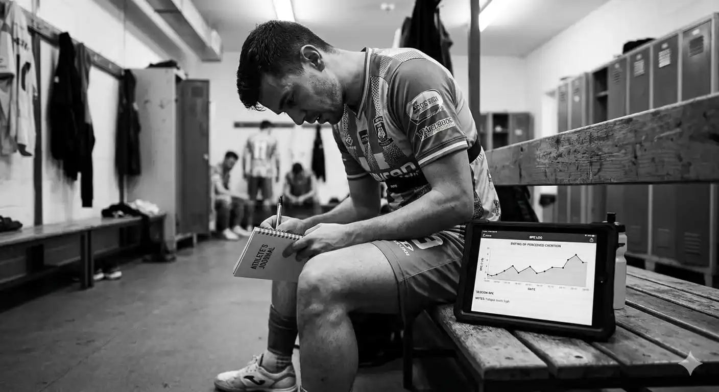 Futsal player recording RPE in an athlete diary sheet after an intense training session
