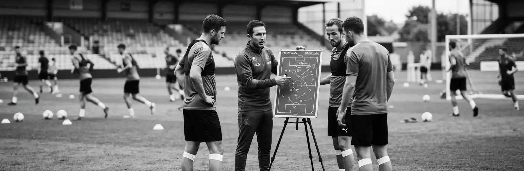 Football manager presenting season goals to the squad during pre-season