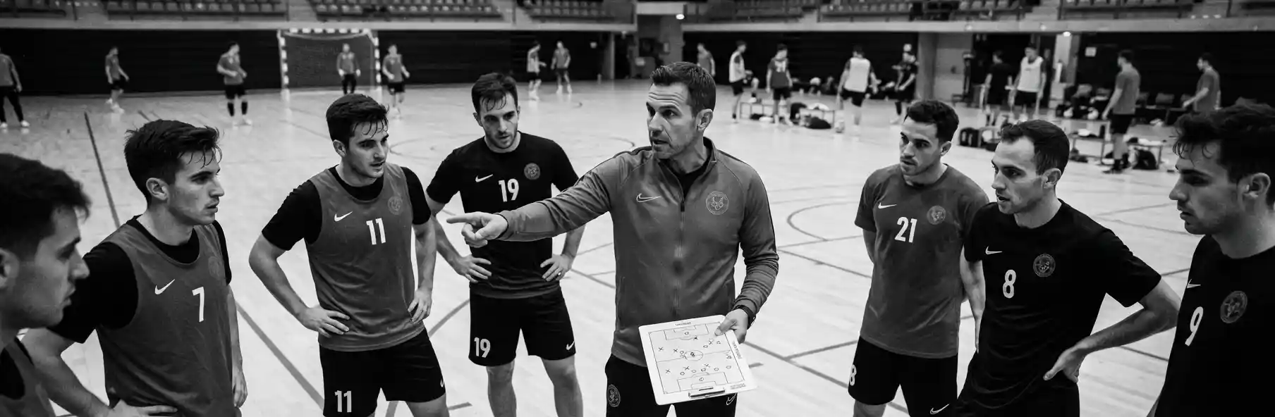 Futsal manager reviewing the squad list during pre-season
