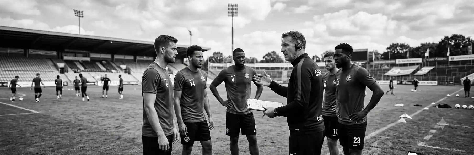 Football manager announcing the matchday squad to the team in the dressing room