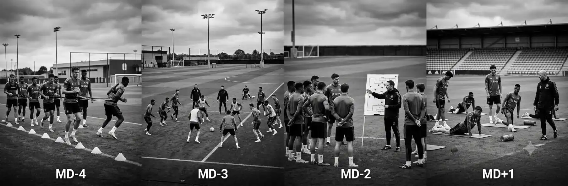 Weekly football training plan structured from MD-4 to MD+1